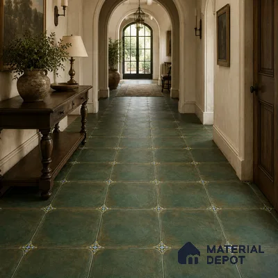 Mediterranean Foyer with Teal Green Porcelain Floor Tile